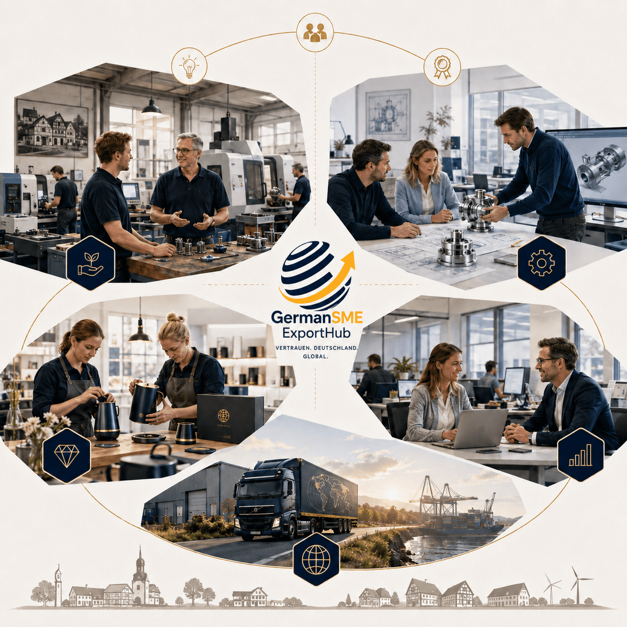 Collage deutscher Mittelstands-Unternehmen: Produktion, Planung, Export und globale Vernetzung